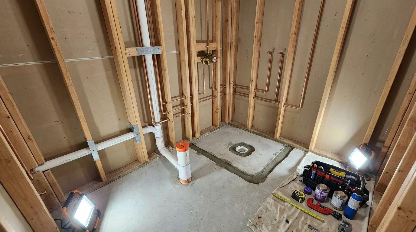 Bathroom rough-in plumbing during remodel by Johns Plumbing LLC in Carnation
