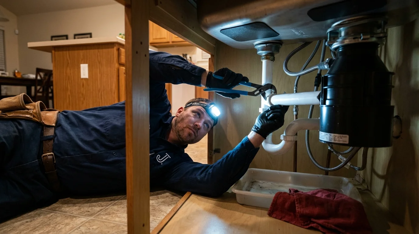 P-trap and supply line connections under a kitchen sink showing a common leak point in Carnation, WA